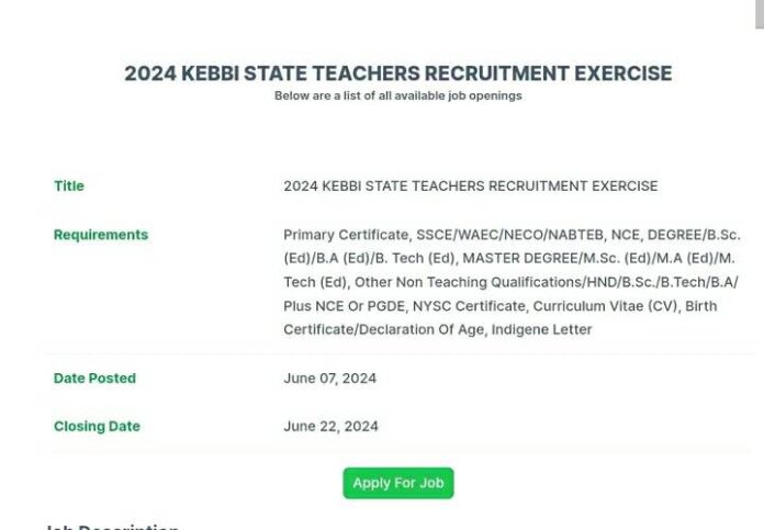 KEBBI STATE TEACHERS RECRUITMENT 2024 EXERCISE